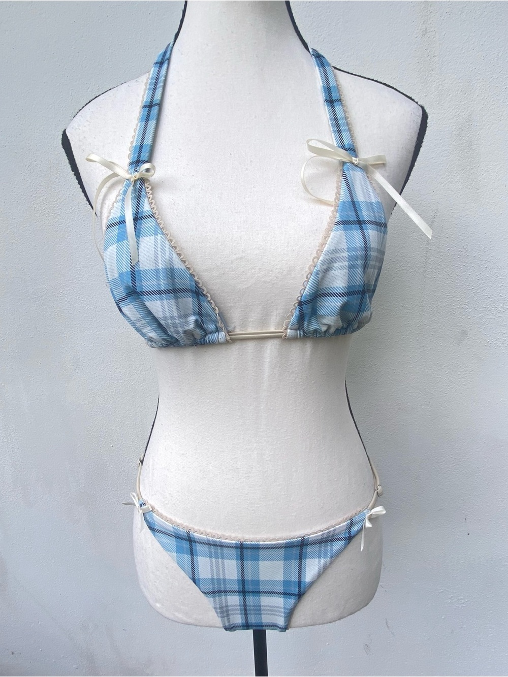 Coquette Blue & Cream Plaid Bikini Set Size Small
